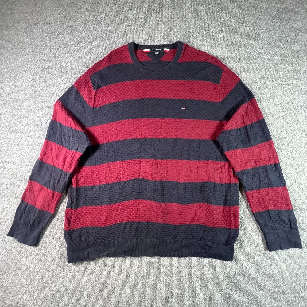 Tommy Hilfiger Sweater Men 4XLT Red Navy Striped Waffle Knit Long Sleeve Classic